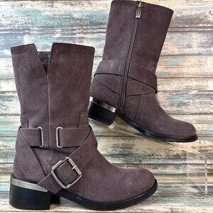 Vince Camuto Wethima Mid-Calf Harness Boot Womens Size 5M Gray Suede Moto Grunge